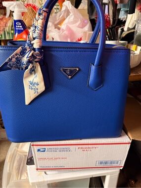 Blue Saffiano Leather Tote Bag with Scarf fashion
